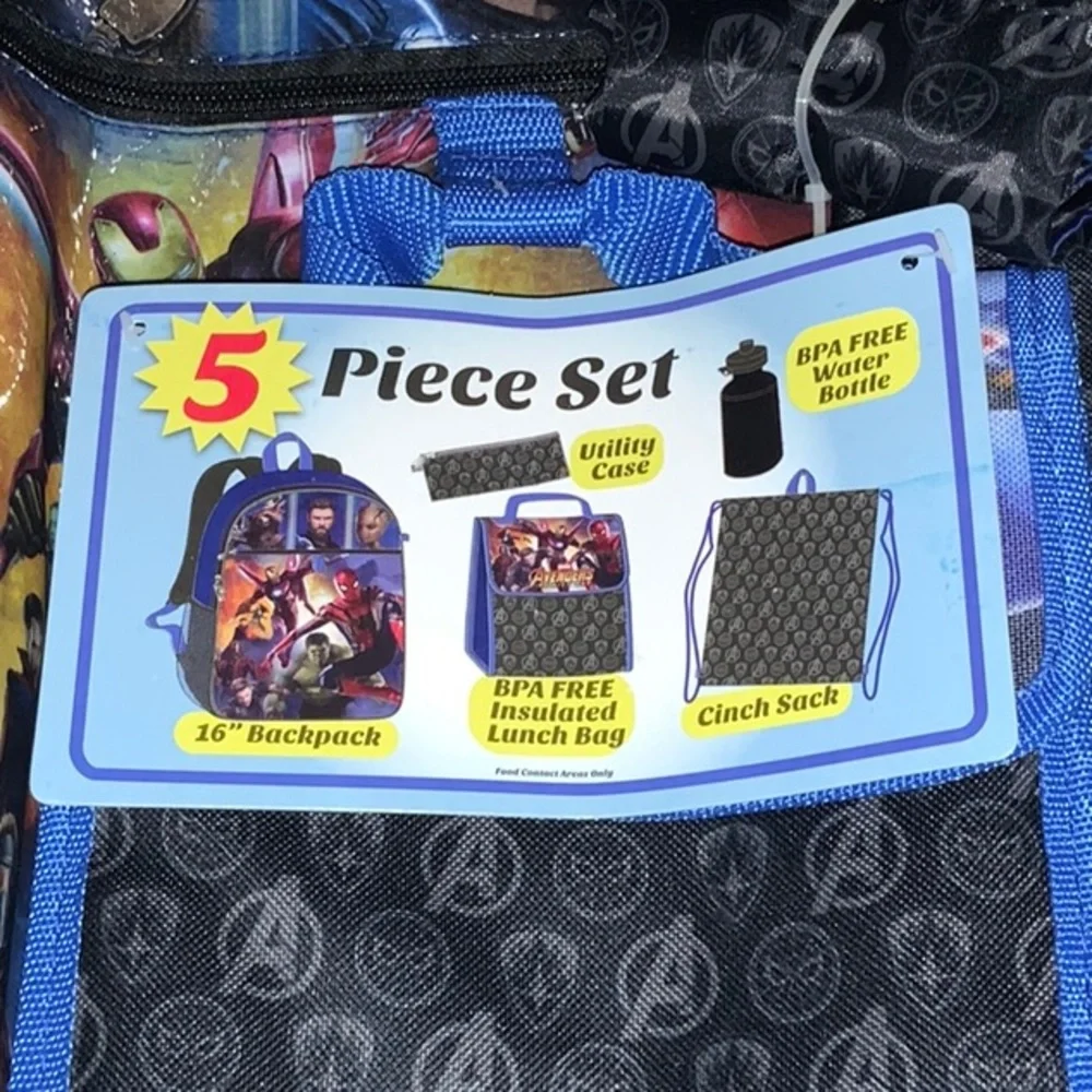NWT Marvel Avengers Boys Backpack Lunch-bag Water Bottle Cinch Sack Set